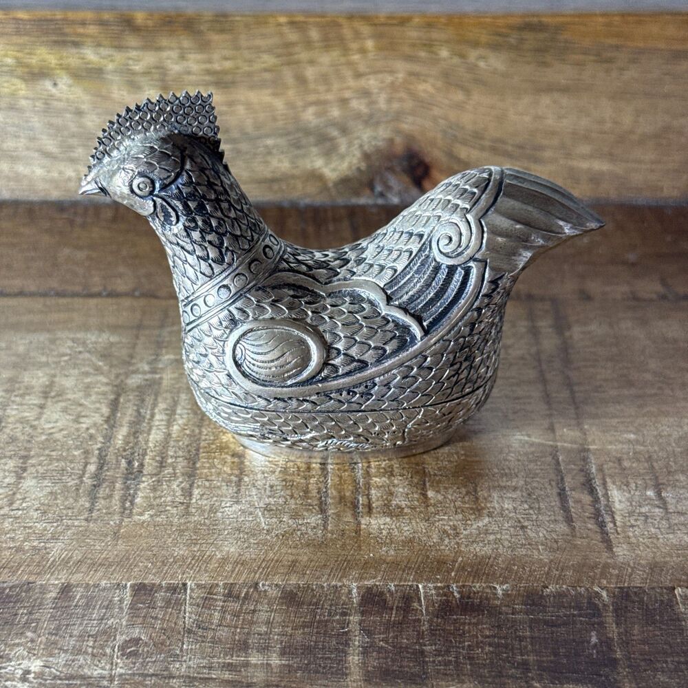 Hen in a Basket Trinket Box Ornate Embossed Silver Tone Metal Chicken Figurine